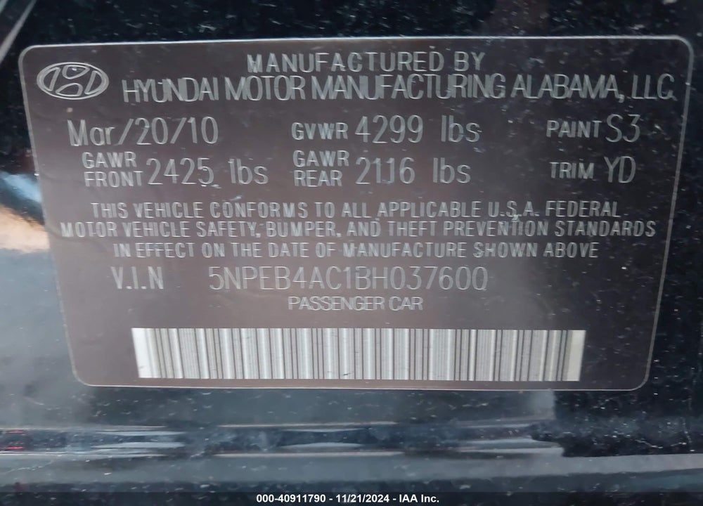 2011 HYUNDAI SONATA GLS VIN: 5NPEB4AC1BH037600