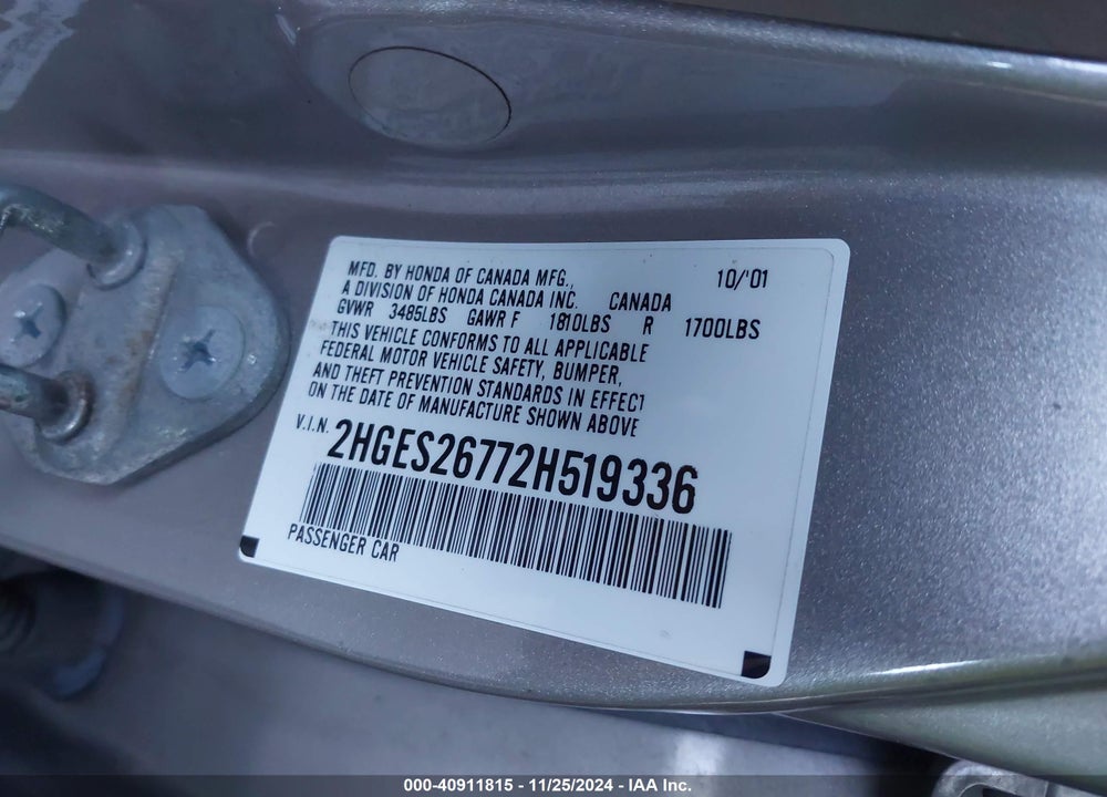 2002 HONDA CIVIC EX VIN: 2HGES26772H519336