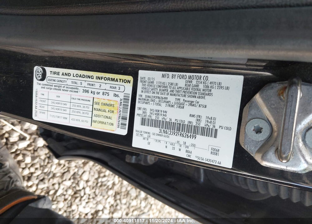 2015 LINCOLN MKZ VIN: 3LN6L2J92FR626499