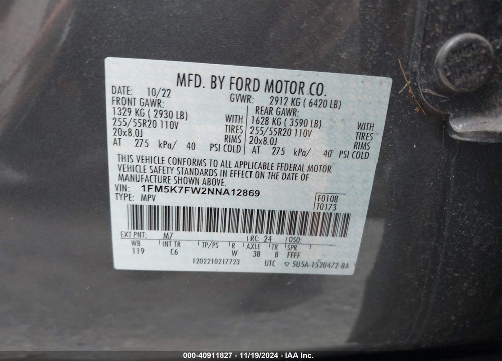 2022 FORD EXPLORER LIMITED VIN: 1FM5K7FW2NNA12869