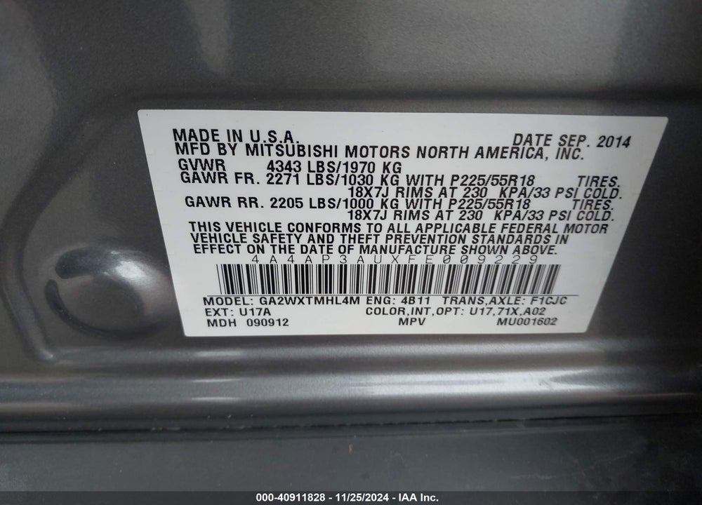 2015 MITSUBISHI OUTLANDER SPORT ES VIN: 4A4AP3AUXFE009229