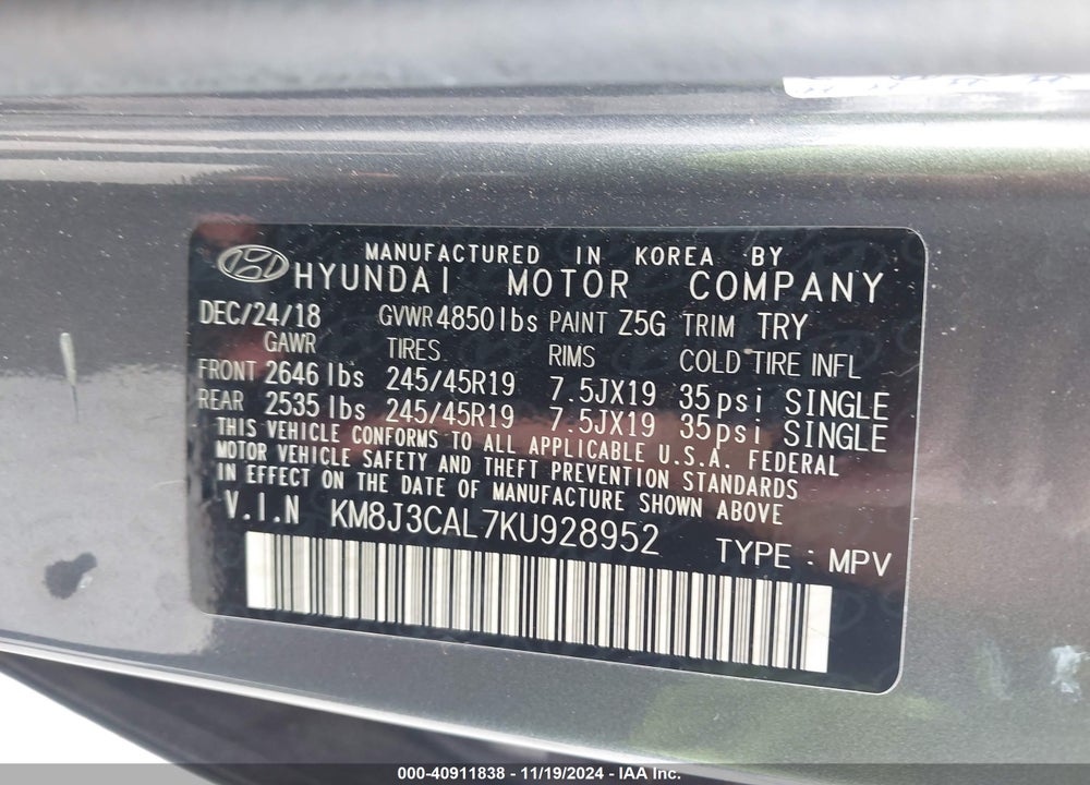 2019 HYUNDAI TUCSON NIGHT VIN: KM8J3CAL7KU928952