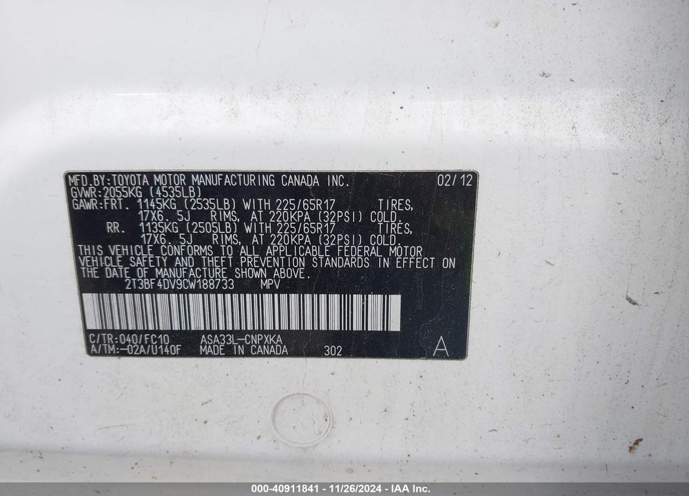 2012 TOYOTA RAV4 VIN: 2T3BF4DV9CW188733