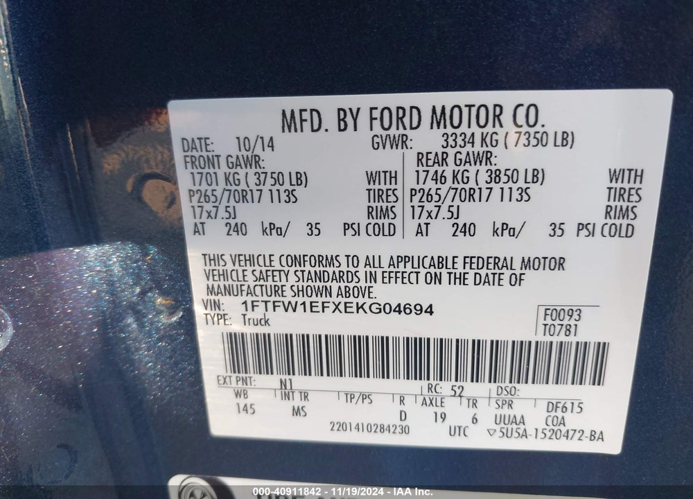 2014 FORD F-150 XLT VIN: 1FTFW1EFXEKG04694
