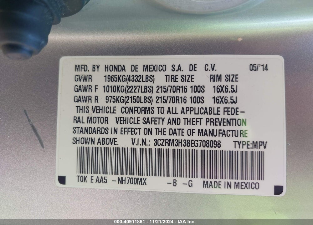 2014 HONDA CR-V LX VIN: 3CZRM3H38EG708098