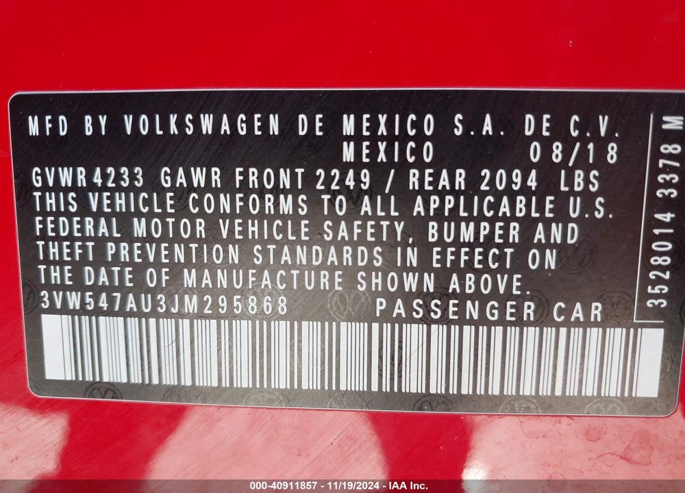 2018 VOLKSWAGEN GOLF GTI 2.0T AUTOBAHN/2.0T S/2.0T SE VIN: 3VW547AU3JM295868