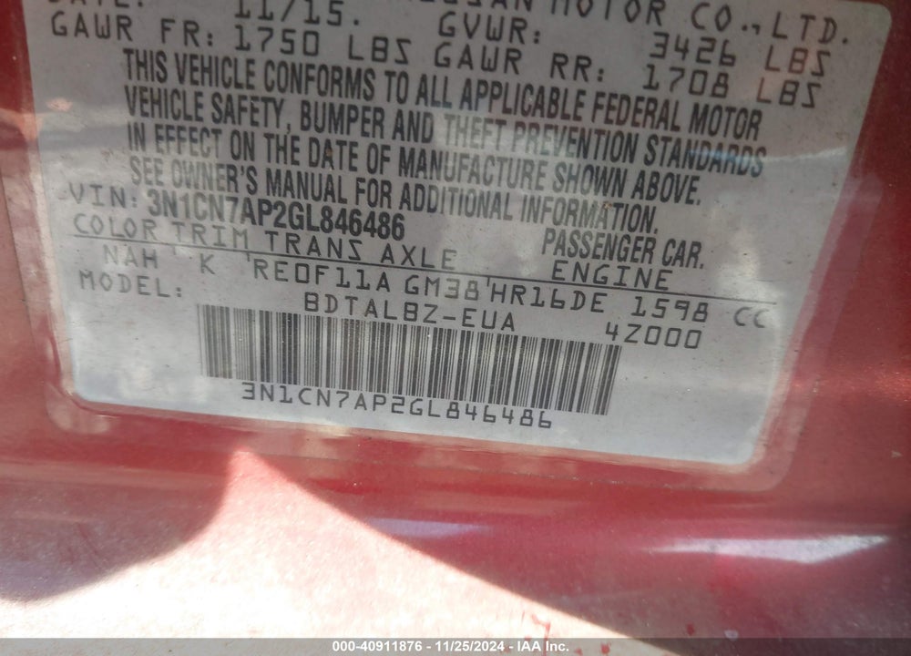 2016 NISSAN VERSA 1.6 SV VIN: 3N1CN7AP2GL846486