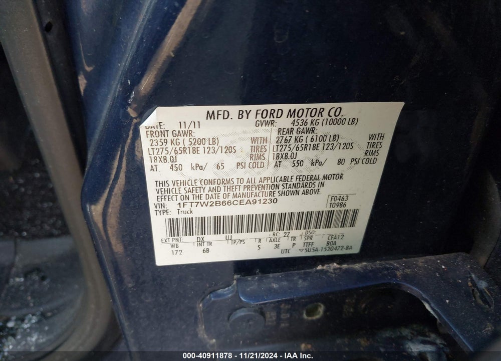 2012 FORD F-250 VIN: 1FT7W2B66CEA91230