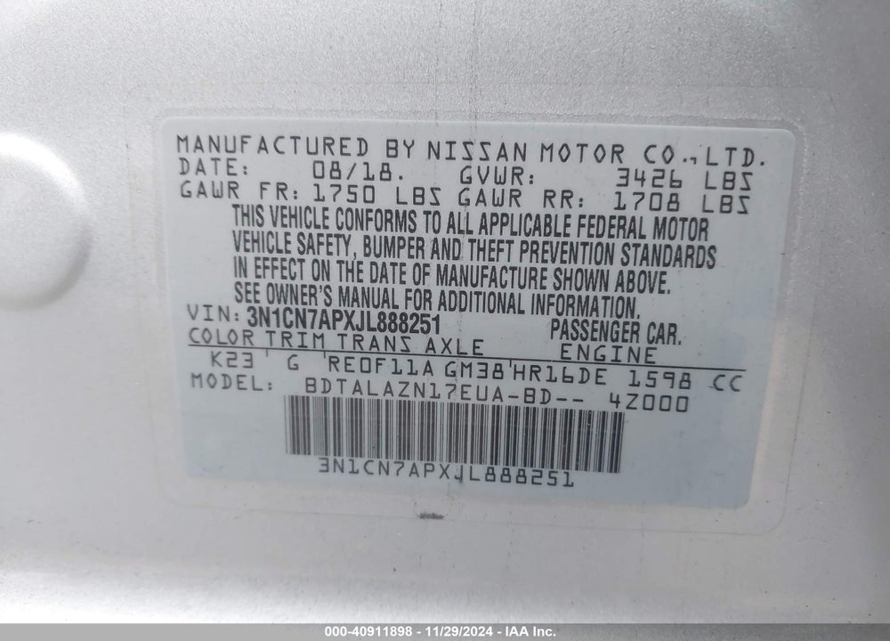2018 NISSAN VERSA 1.6 S+ VIN: 3N1CN7APXJL888251