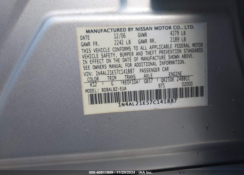 2007 NISSAN ALTIMA 2.5 S VIN: 1N4AL21E57C141887