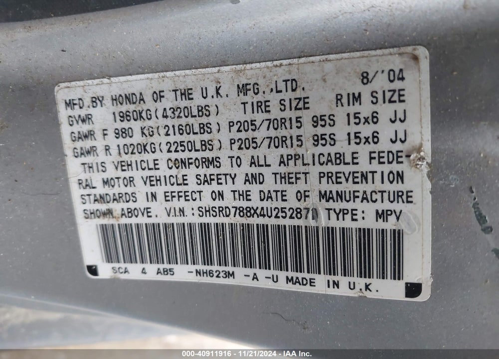 2004 HONDA CR-V EX VIN: SHSRD788X4U252871
