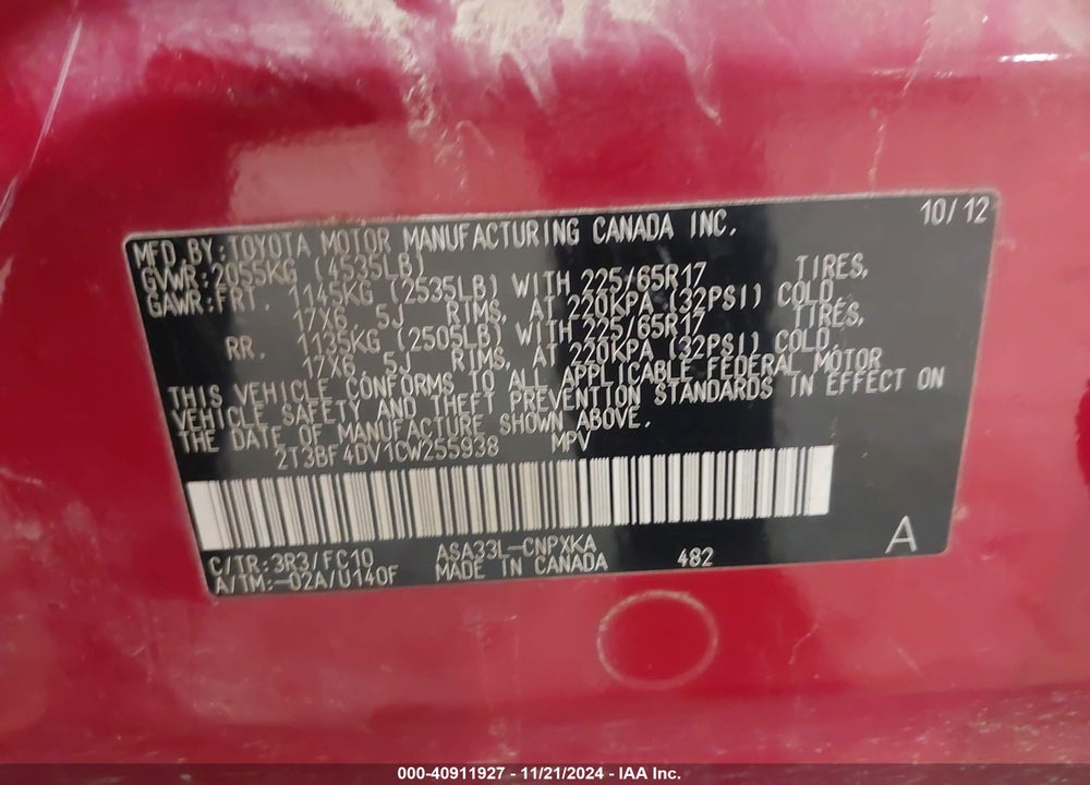 2012 TOYOTA RAV4 VIN: 2T3BF4DV1CW255938