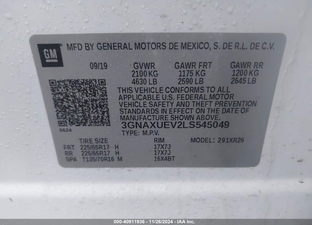 2020 CHEVROLET EQUINOX AWD LT 1.5L TURBO VIN: 3GNAXUEV2LS545049