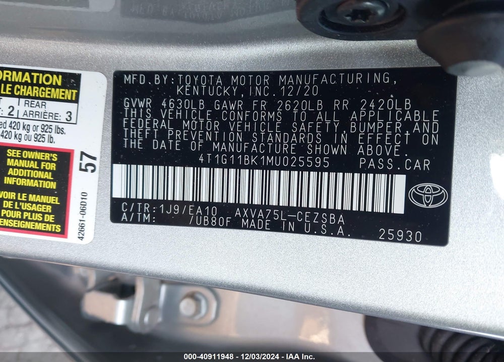2021 TOYOTA CAMRY SE AWD VIN: 4T1G11BK1MU025595