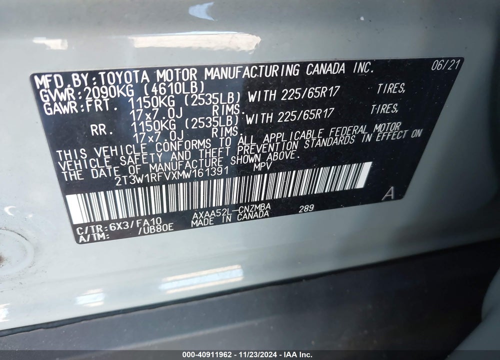 2021 TOYOTA RAV4 XLE VIN: 2T3W1RFVXMW161391