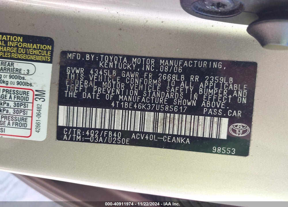 2007 TOYOTA CAMRY LE VIN: 4T1BE46K37U585617