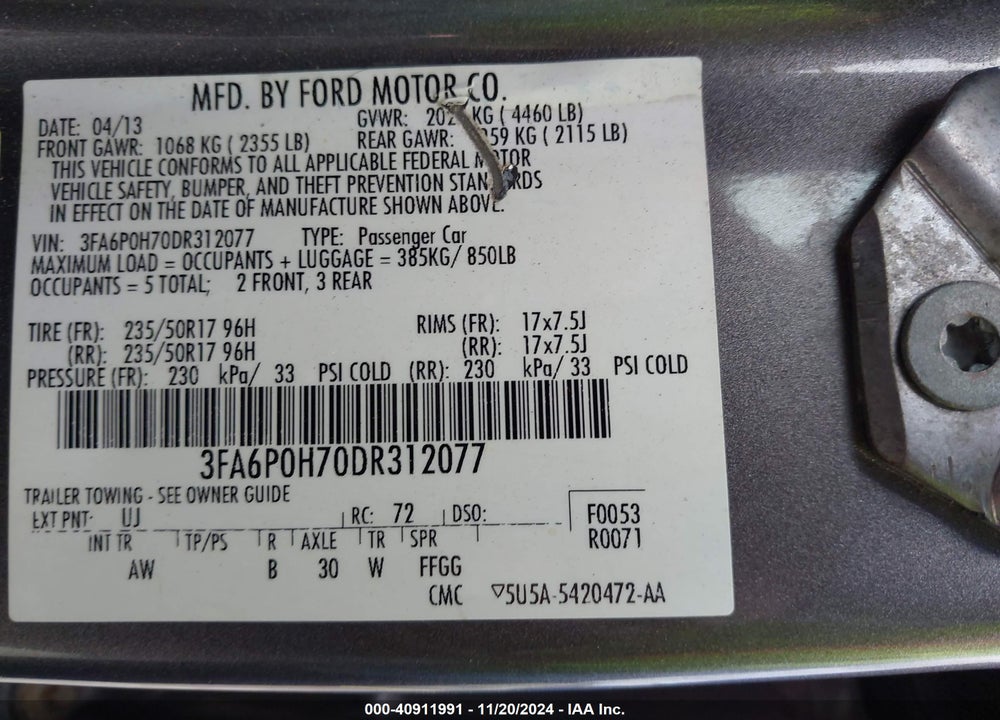 2013 FORD FUSION SE VIN: 3FA6P0H70DR312077