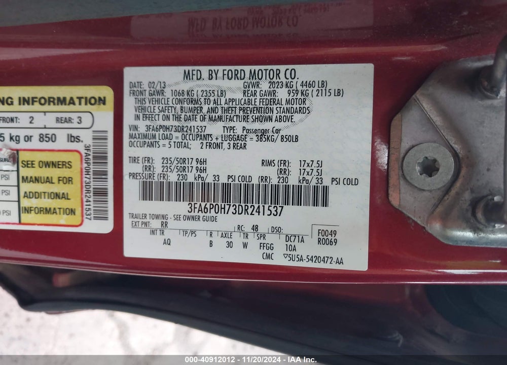 2013 FORD FUSION VIN: 3FA6P0H73DR241537