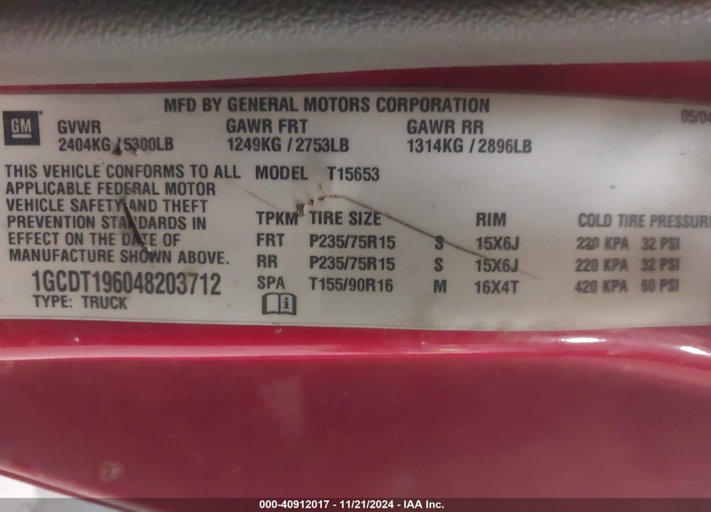 2004 CHEVROLET COLORADO VIN: 1GCDT196048203712