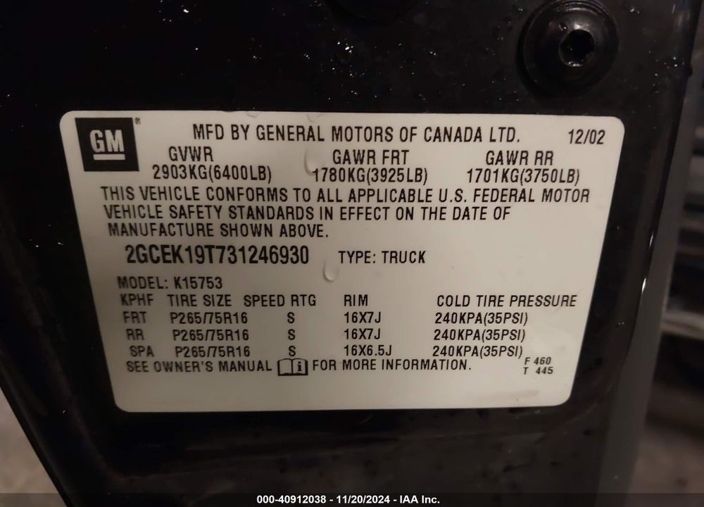 2003 CHEVROLET SILVERADO 1500 LS VIN: 2GCEK19T731246930