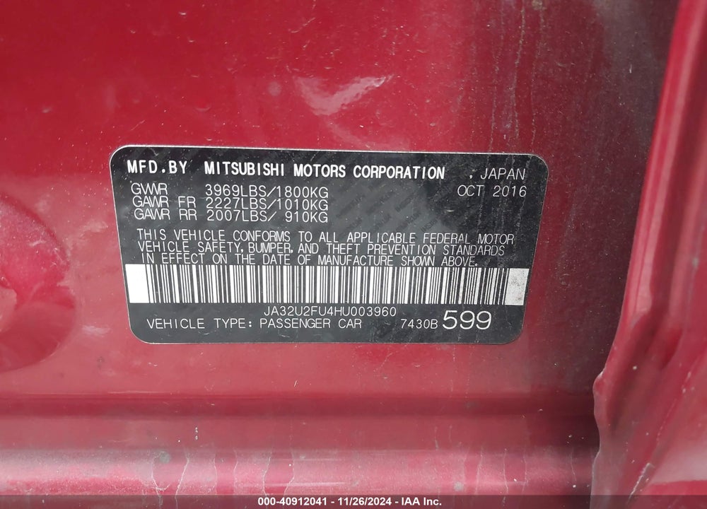 2017 MITSUBISHI LANCER VIN: JA32U2FU4HU003960