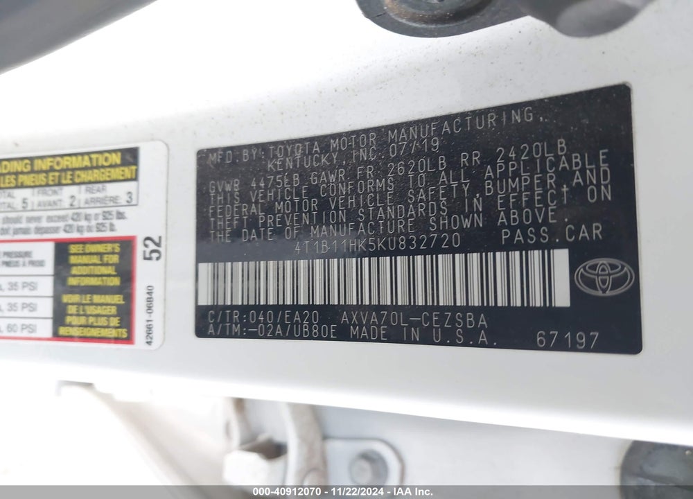 2019 TOYOTA CAMRY VIN: 4T1B11HK5KU832720