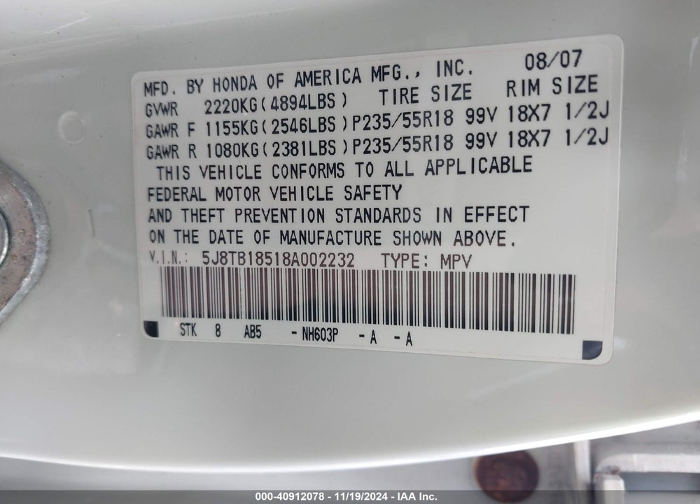 2008 ACURA RDX VIN: 5J8TB18518A002232