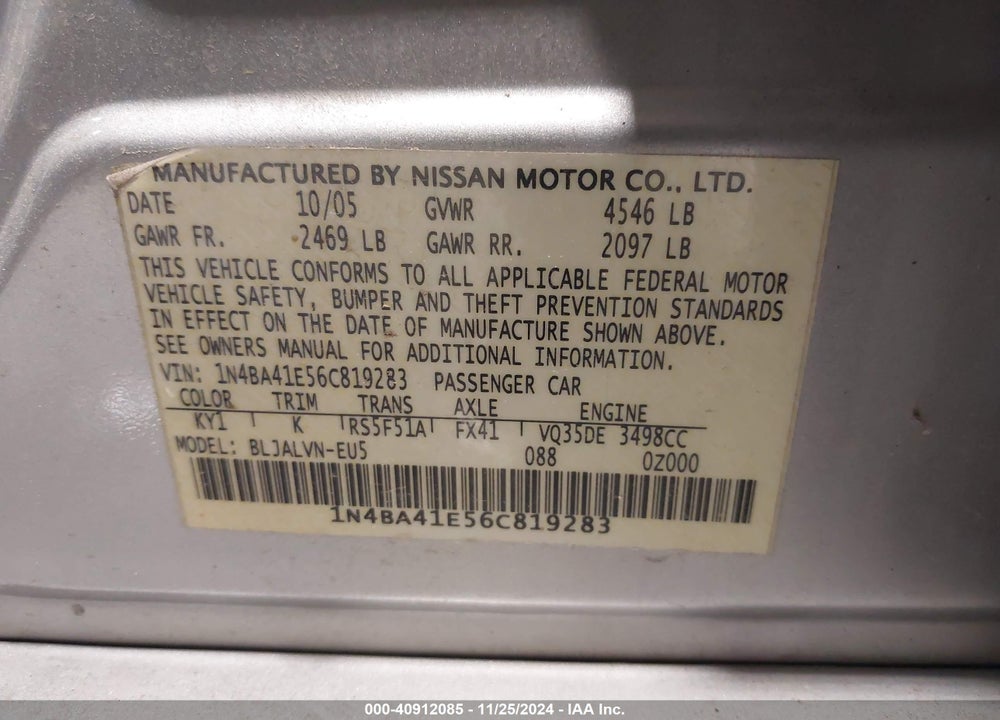 2006 NISSAN MAXIMA 3.5 SE VIN: 1N4BA41E56C819283