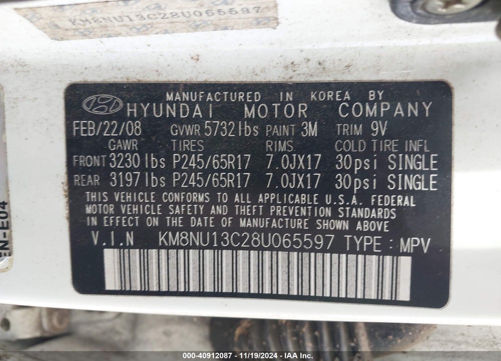 2008 HYUNDAI VERACRUZ GLS/LIMITED/SE VIN: KM8NU13C28U065597