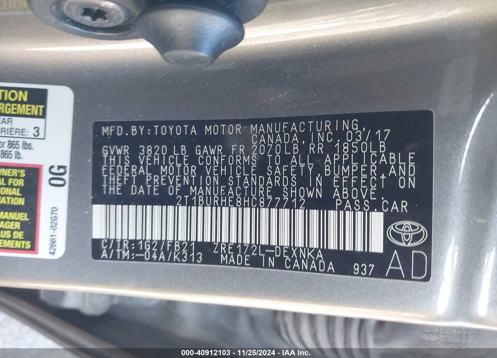 2017 TOYOTA COROLLA LE VIN: 2T1BURHE8HC877712