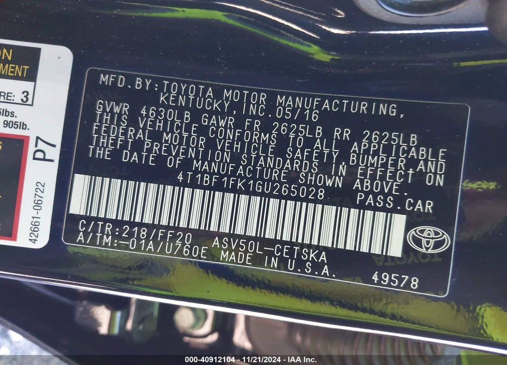 2016 TOYOTA CAMRY SE VIN: 4T1BF1FK1GU265028