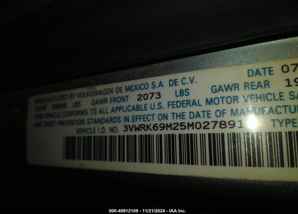 2005 VOLKSWAGEN JETTA GL VIN: 3VWRK69M25M027891