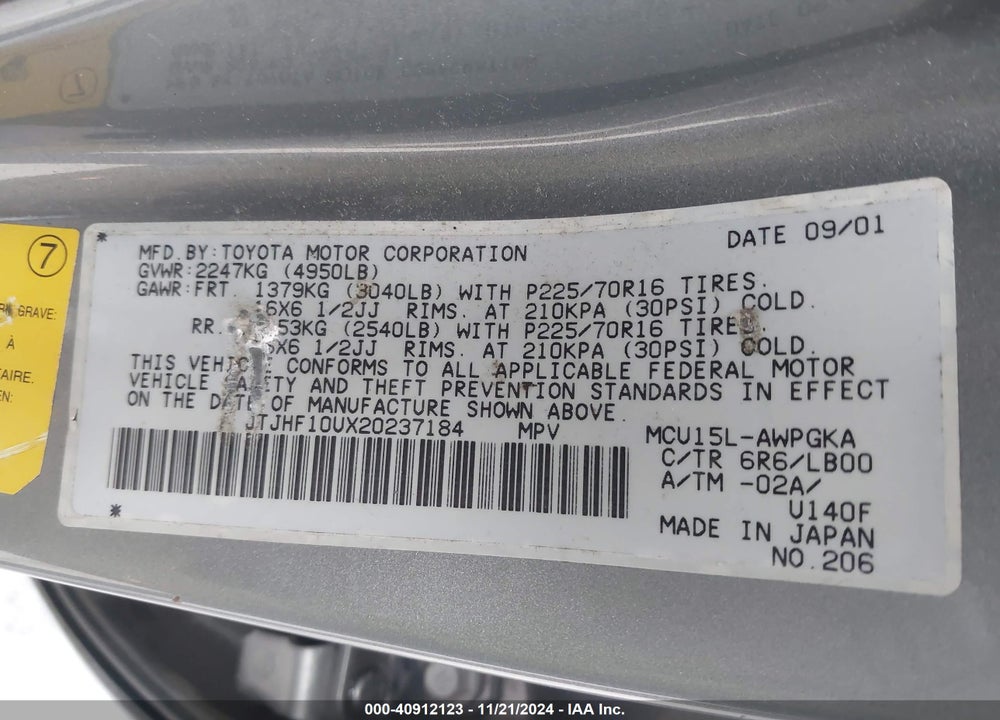 2002 LEXUS RX 300 VIN: JTJHF10UX20237184