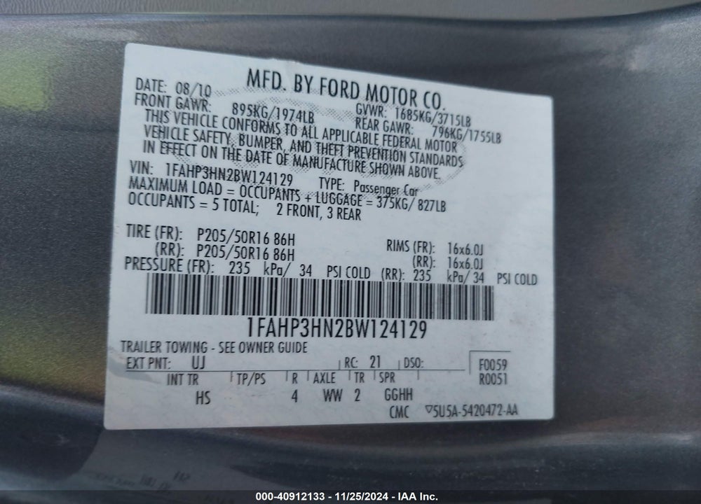 2011 FORD FOCUS SEL VIN: 1FAHP3HN2BW124129
