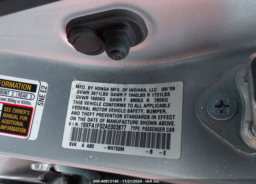 2010 HONDA CIVIC LX VIN: 19XFA1F52AE003877