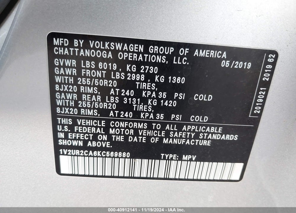 2019 VOLKSWAGEN ATLAS 3.6L V6 SE W/TECHNOLOGY VIN: 1V2UR2CA6KC569880