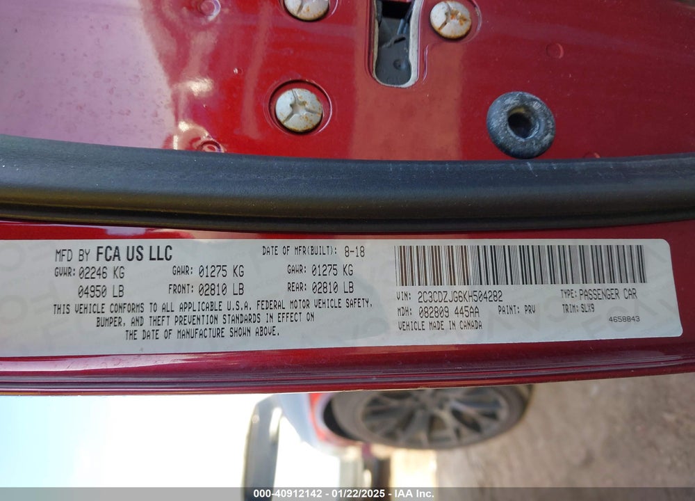 2019 DODGE CHALLENGER VIN: 2C3CDZJG6KH504282