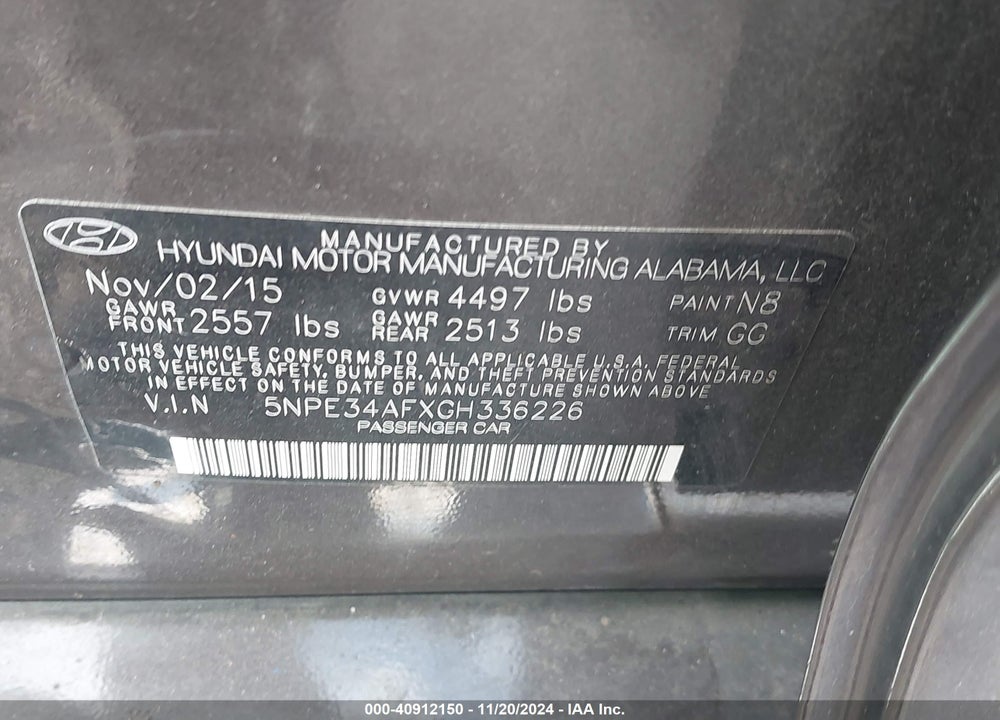 2016 HYUNDAI SONATA SPORT VIN: 5NPE34AFXGH336226