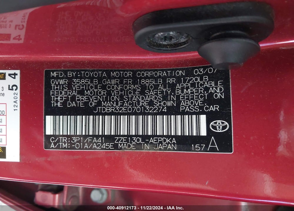 2007 TOYOTA COROLLA CE VIN: JTDBR32E070132274
