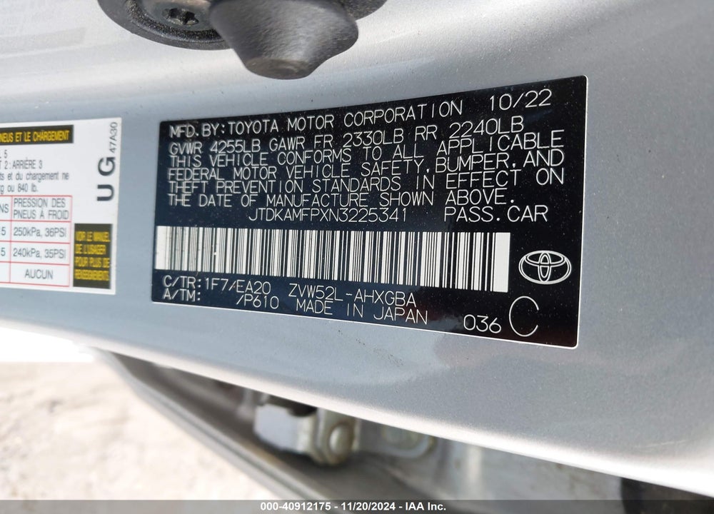 2022 TOYOTA PRIUS PRIME LIMITED VIN: JTDKAMFPXN3225341