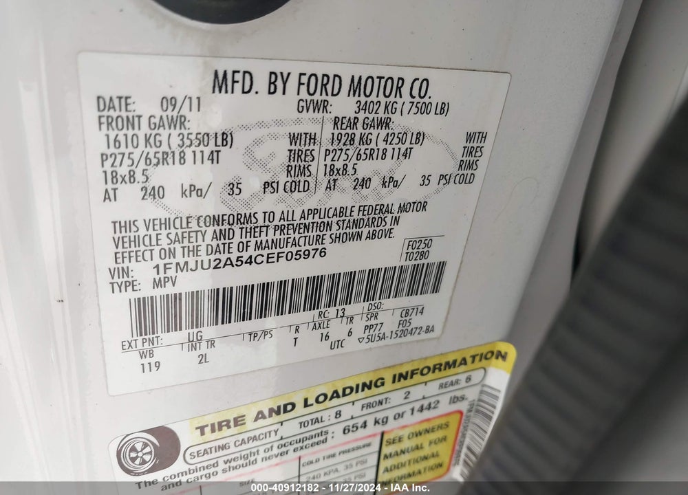 2012 FORD EXPEDITION LIMITED VIN: 1FMJU2A54CEF05976