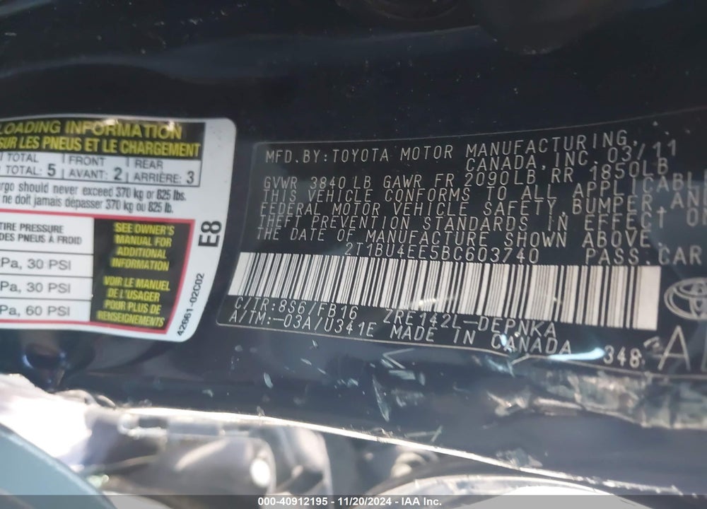 2011 TOYOTA COROLLA LE VIN: 2T1BU4EE5BC603740