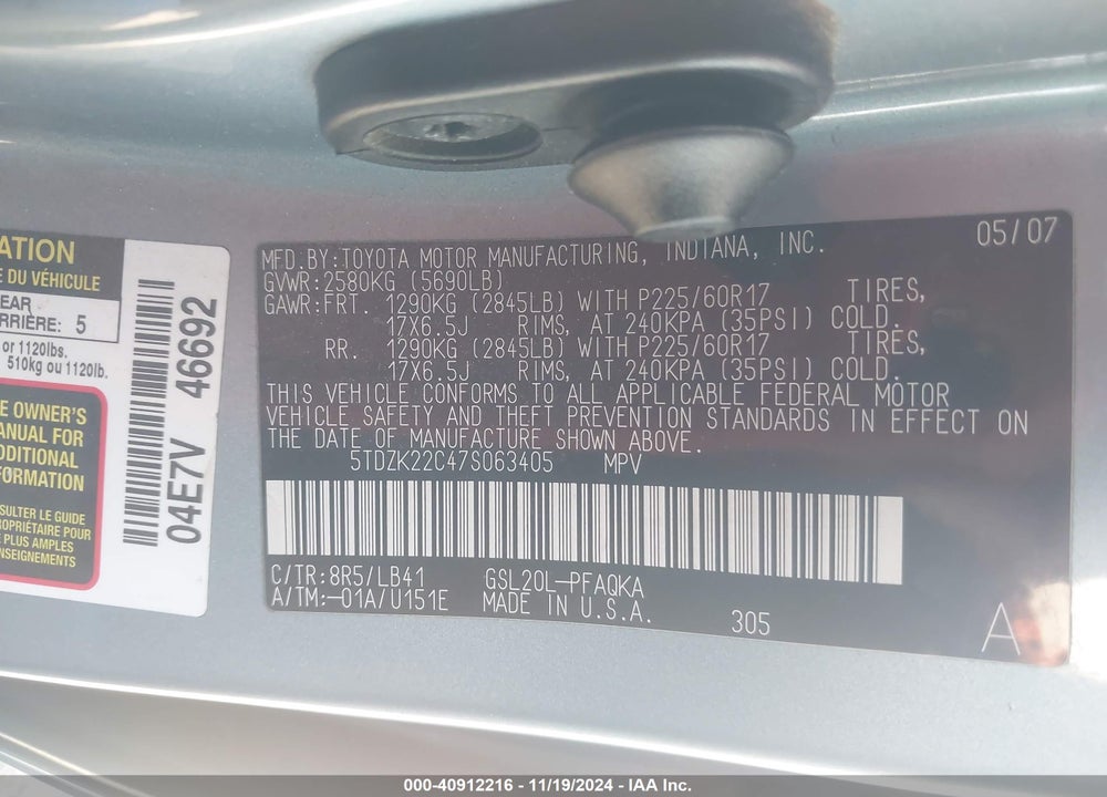 2007 TOYOTA SIENNA XLE/XLE LIMITED VIN: 5TDZK22C47S063405