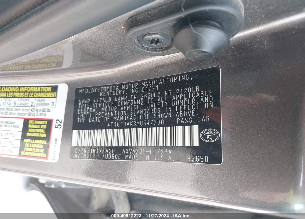 2021 TOYOTA CAMRY SE VIN: 4T1G11AK3MU547730