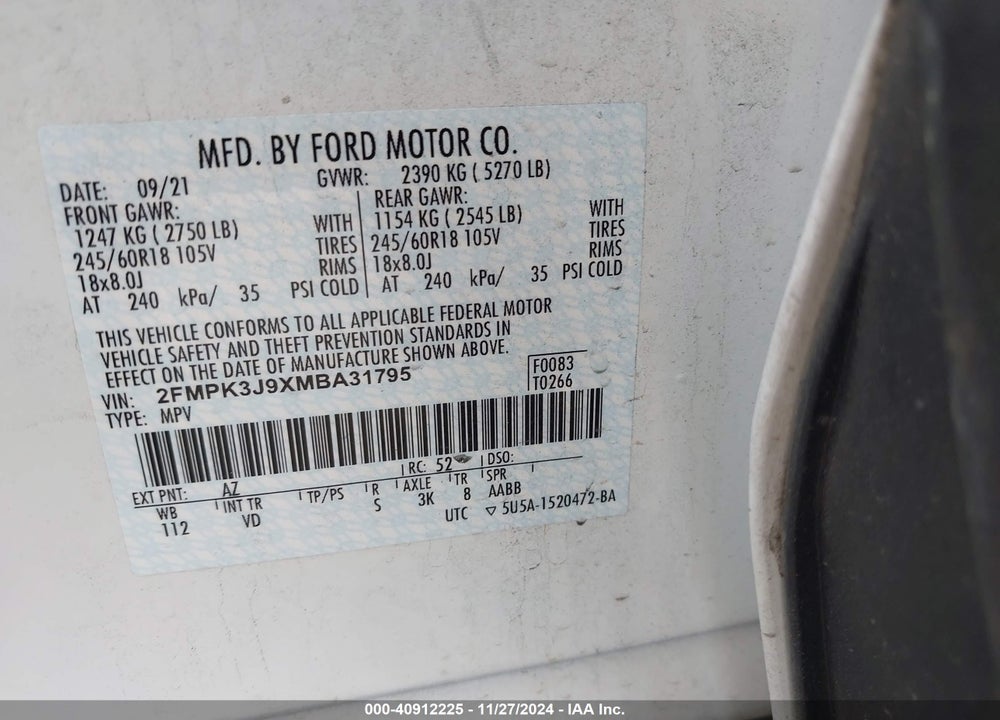 2021 FORD EDGE SEL VIN: 2FMPK3J9XMBA31795