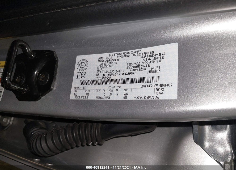 2016 FORD F-150 XLT VIN: 1FTEW1EFXGFC39876