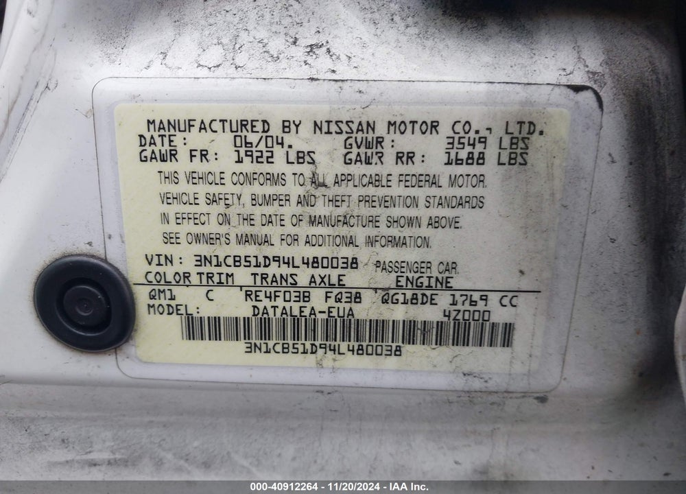 2004 NISSAN SENTRA 1.8S VIN: 3N1CB51D94L480038