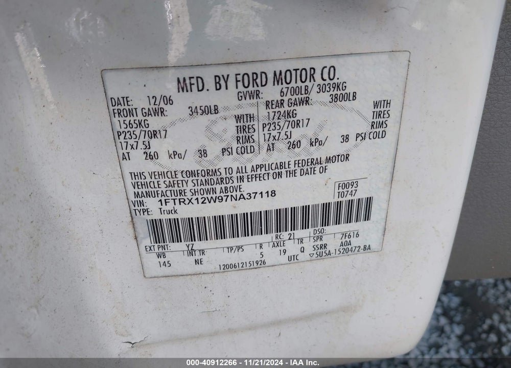 2007 FORD F-150 STX/XL/XLT VIN: 1FTRX12W97NA37118