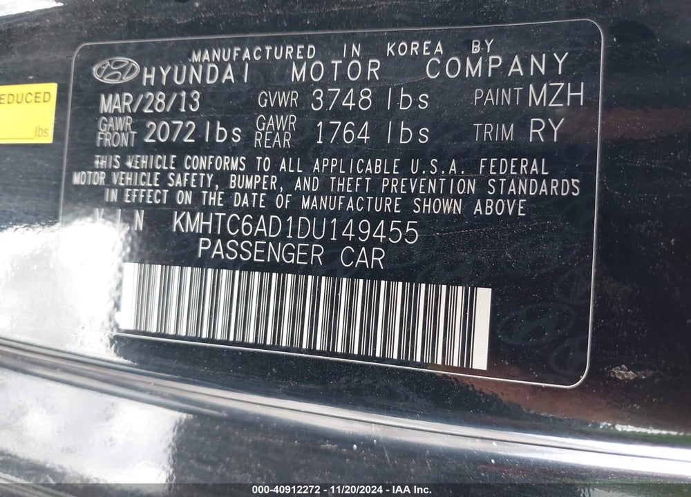 2013 HYUNDAI VELOSTER BASE W/BLACK VIN: KMHTC6AD1DU149455