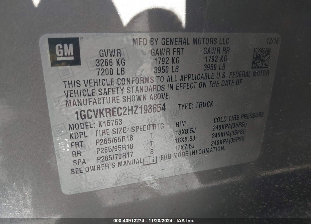 2017 CHEVROLET SILVERADO 1500 2LT VIN: 1GCVKREC2HZ193654